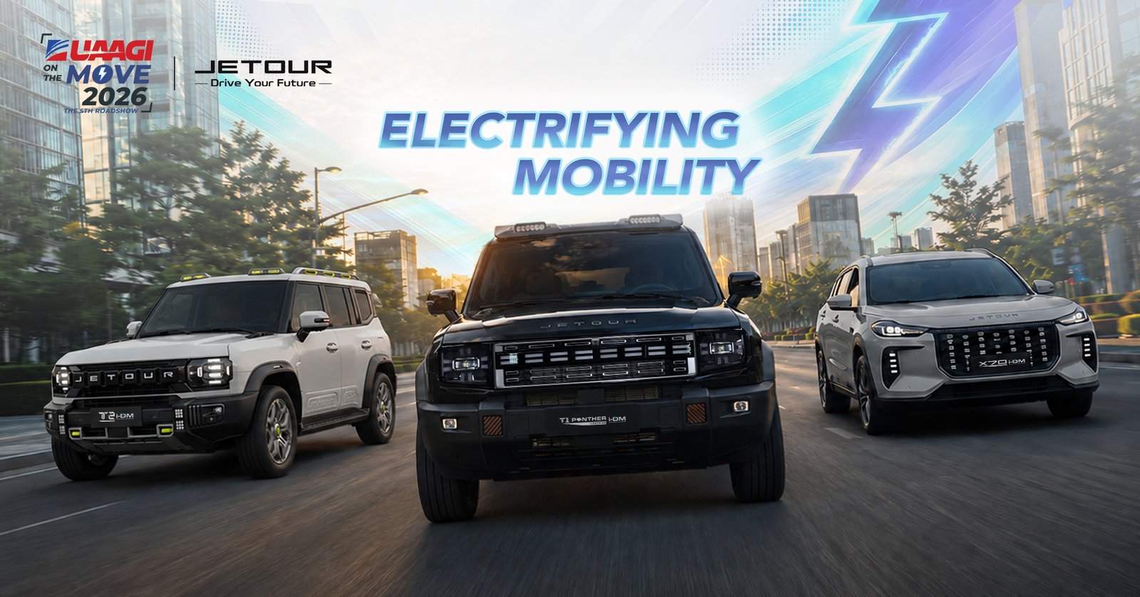 JETOUR T1 Lightning Panther i-DM, T2 Lightning i-DM and X70 i-DM vehicles featured in UAAGI On the Move 2026